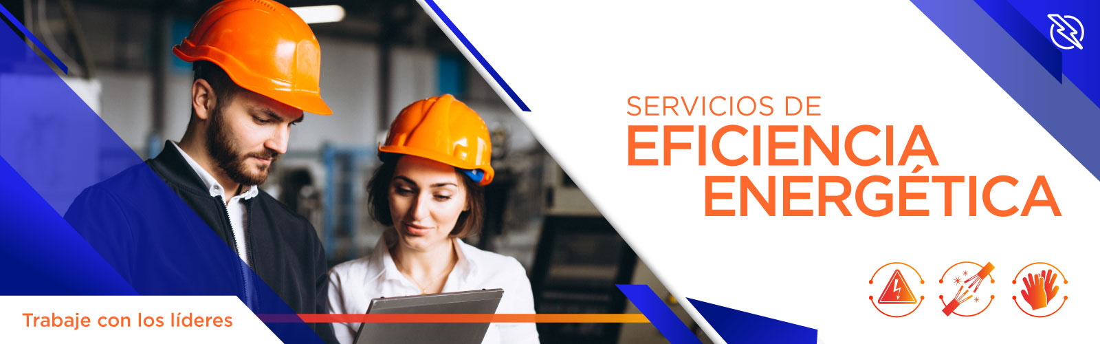 Imagen de un hombre y una mujer jóvenes con casco promocionando los servicios de Eficiencia Energética