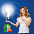 Imagen de una mujer con un bombillo led que representa la Eficiencia Energética