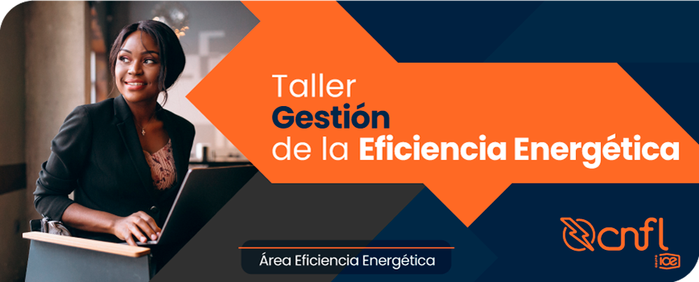 Imagen de una mujer joven sonriendo y el texto Taller Gestión de la Eficiencia Energética