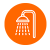 Círculo en naranja con un ícono de una ducha