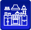 Ícono con fondo color azul sobre cocina eficiente