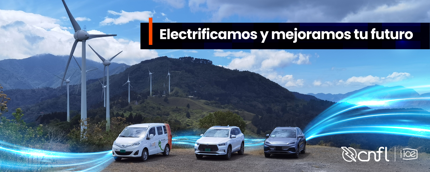 Imagen de fondo Parque Eólico Valle Central y tres vehículos eléctricos