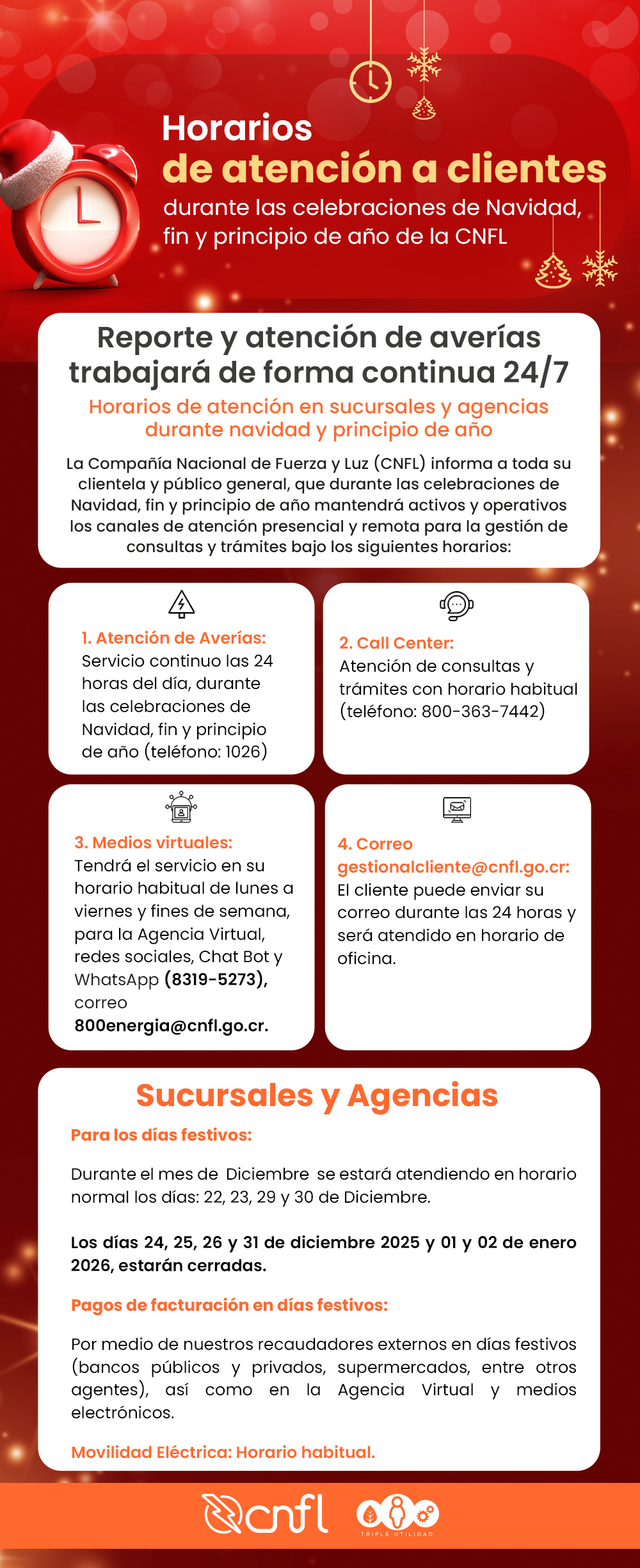 Horarios de atención CNFL Navidad 2025 y principio de año 2026