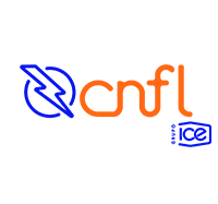 Imagen de logo de la CNFL, rayo hacia la derecha en color azul, letras CNFL en naranja y letras GRUPO ICE en azul