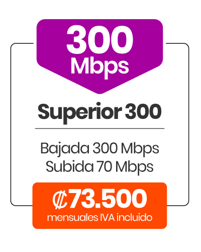 Plan Superior 100 Mbps / Bajada: 300 Mbps / Subida: 70 Mbps / Precio ₡73.500 mensuales IVAI