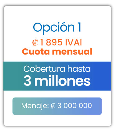 Cobertura para menaje Opción 1 / Cuota mensual ₡1.895 mensuales IVAI / Cobertura hasta 3 millones / Menaje ₡3,000.000 